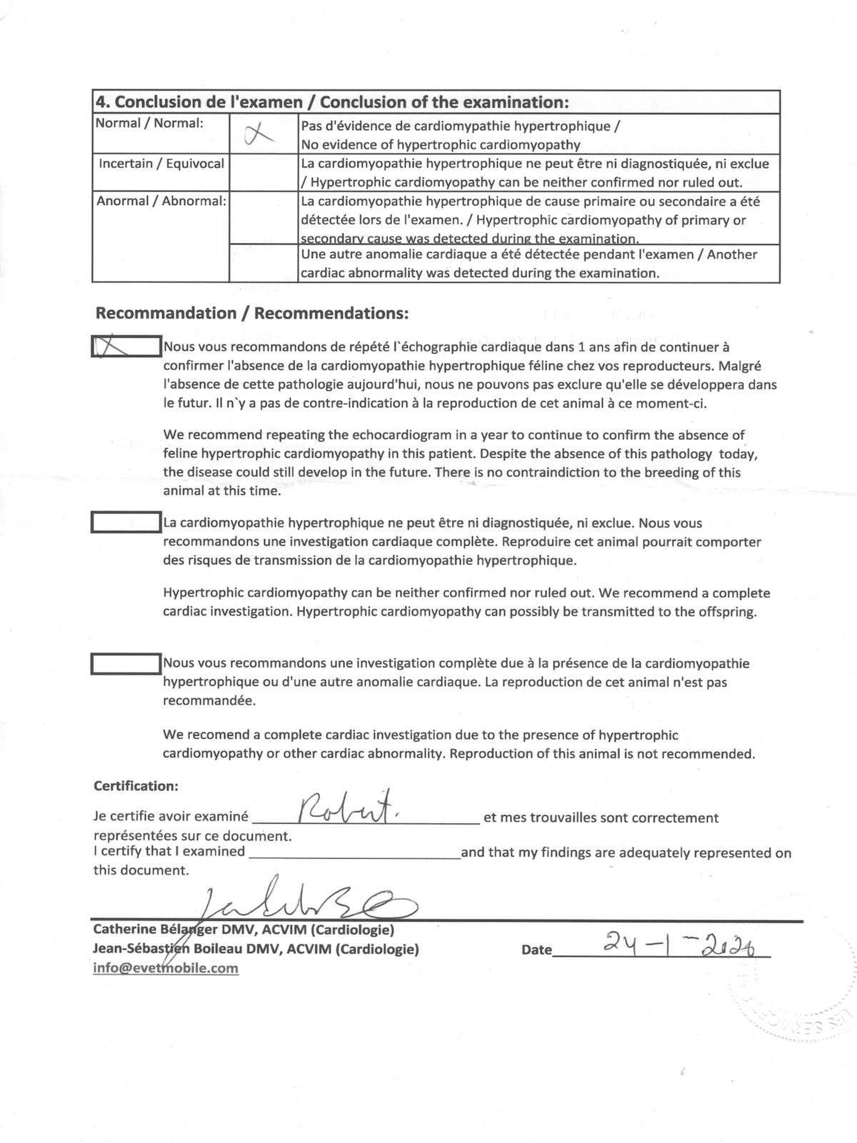 Roberts HCM screening conclusion page showing the latest clean result