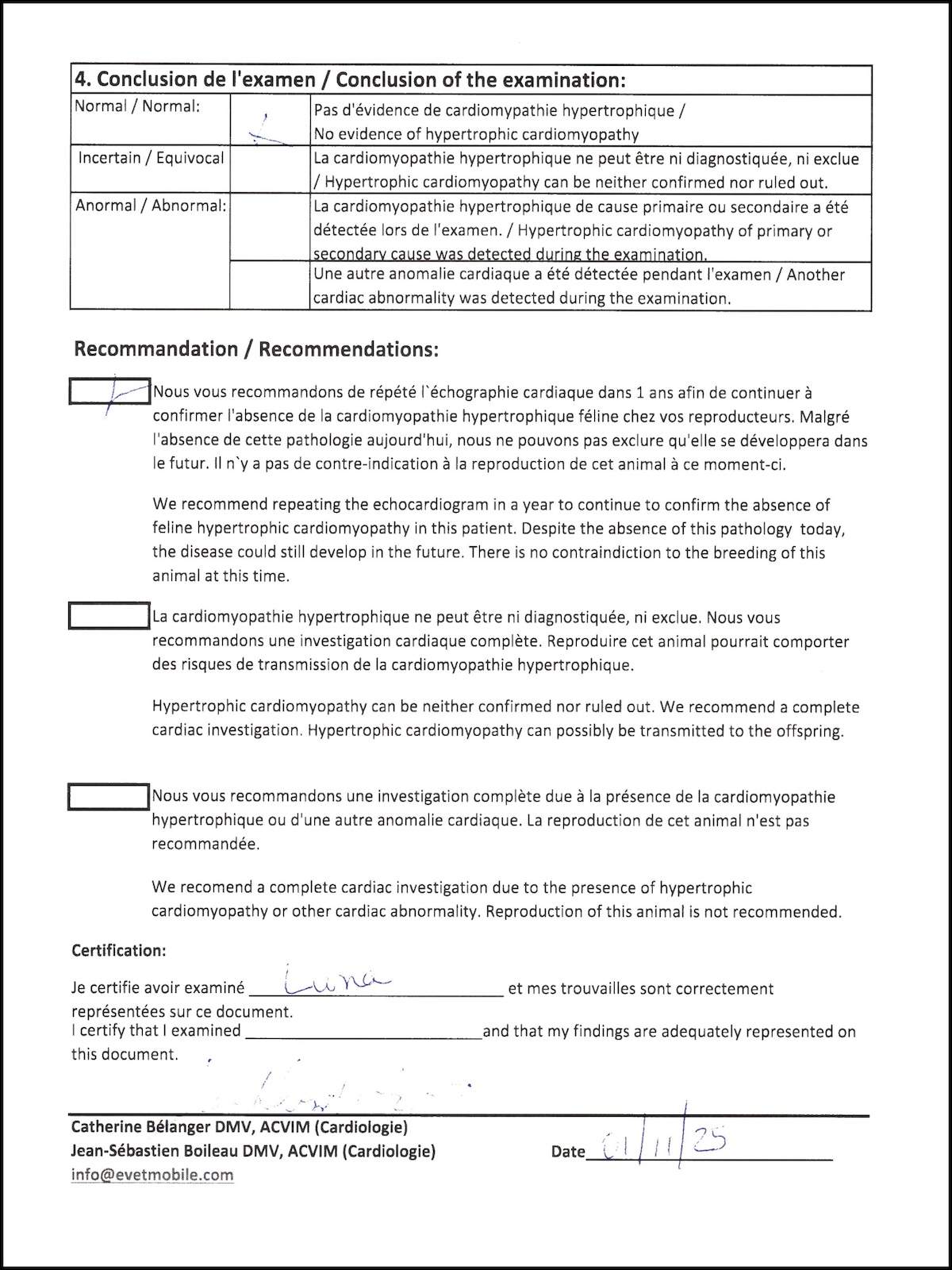 Luna HCM screening conclusion page showing the latest clean result