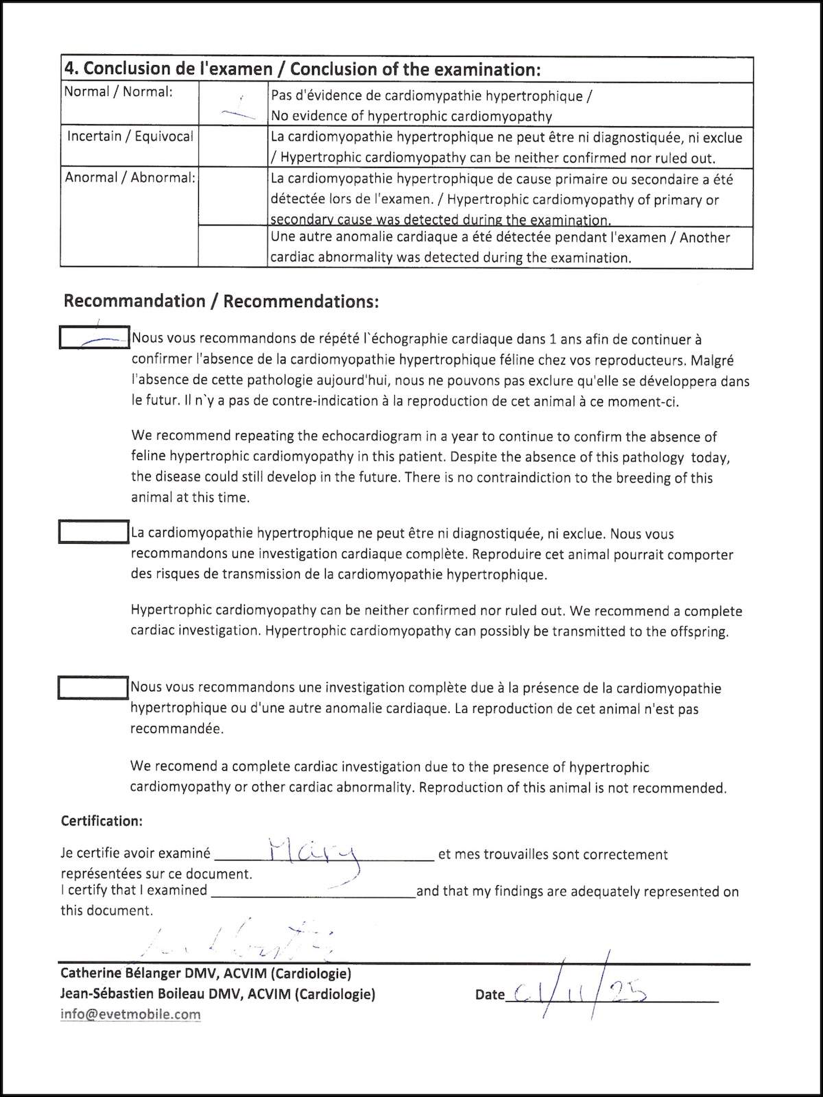 Mary HCM screening conclusion page showing the latest clean result