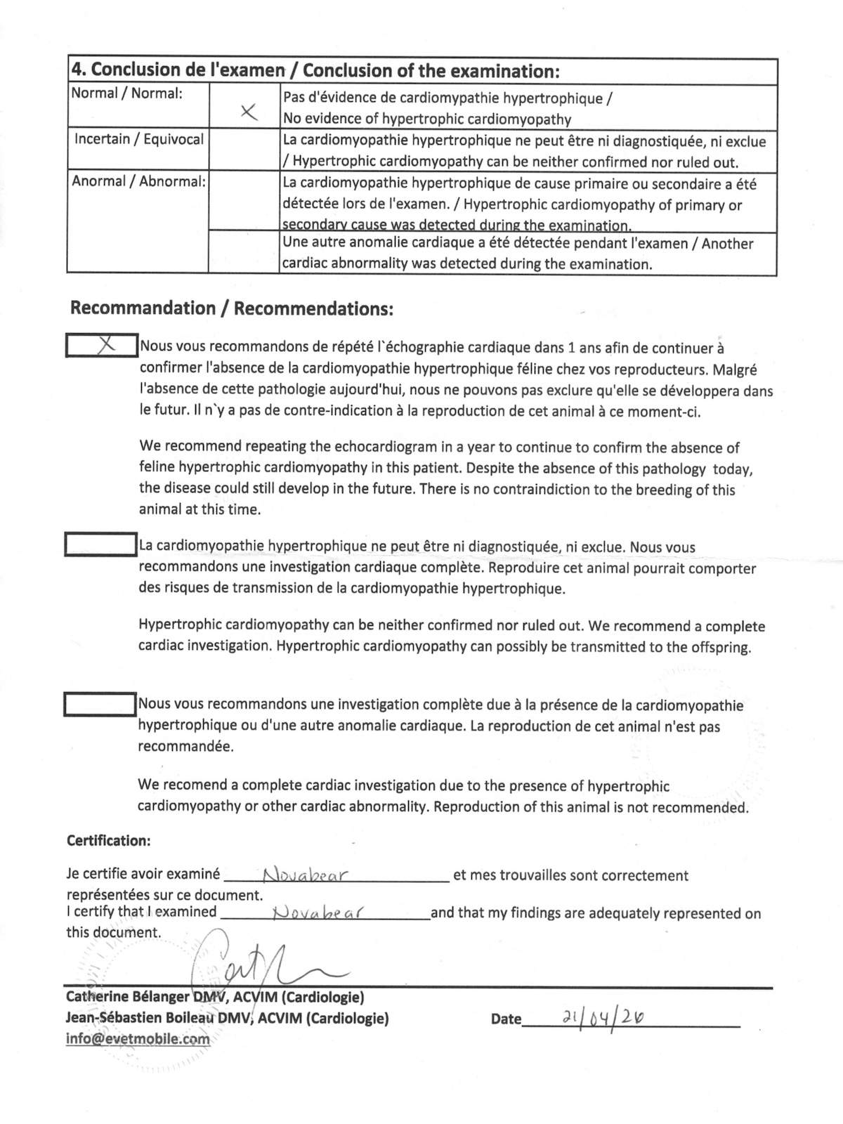 Novabear HCM screening conclusion page showing the latest clean result