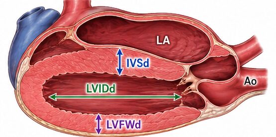 Long axis feline heart view with IVSd, LVIDd, LVFWd, LA, and Ao measurement markers