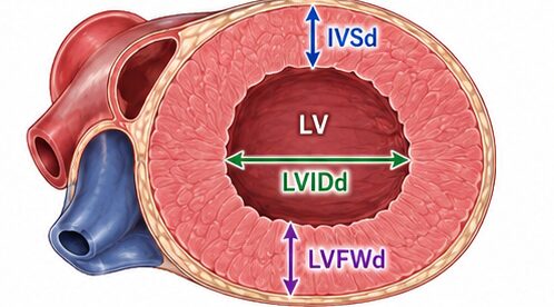 Short axis feline heart view with IVSd, LVIDd, and LVFWd measurement markers