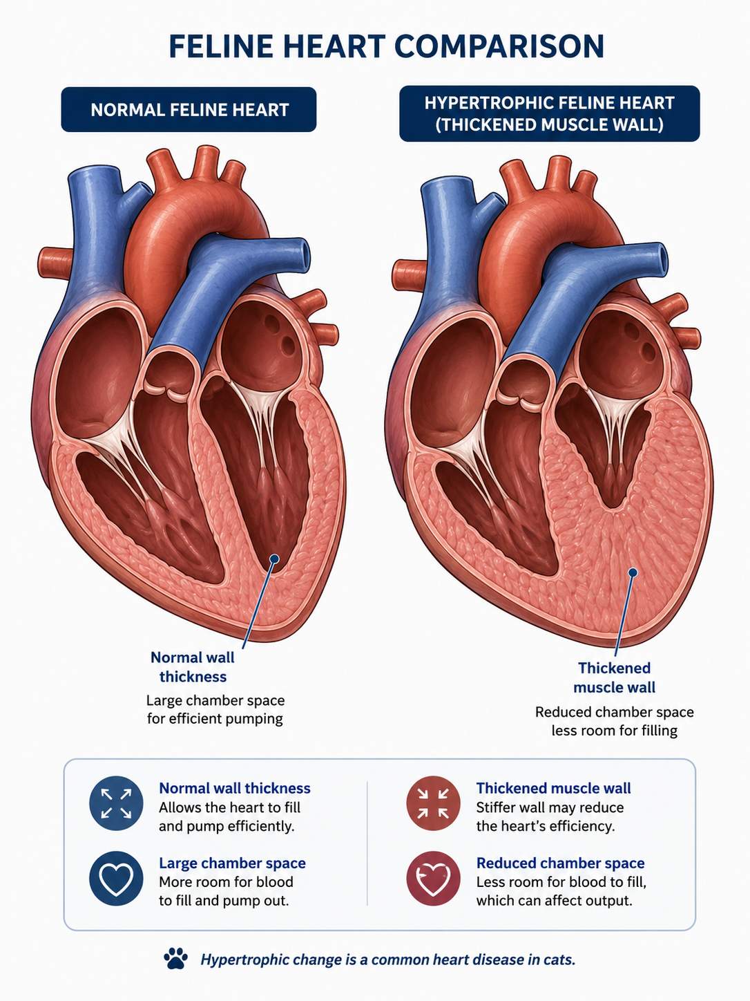 Simple educational illustration comparing a normal feline heart and a heart with thickened muscle wall