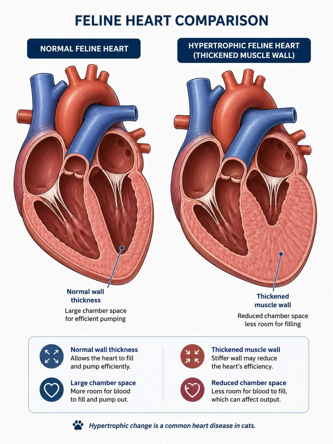 Educational comparison of a normal feline heart and a heart with thickened muscle wall in HCM